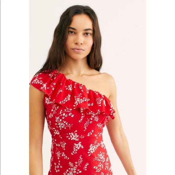 Free People Rue Stiic Westcott One Shoulder Midi Dress Floral Poppy Red Medium - Picture 2 of 12